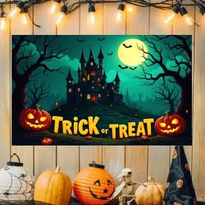 VIKAMA Trick Or Treat Lâu Đài Ma Ám Bí Ngô Dơi Halloween Tấm Thảm Treo Tường Ma Quái Cho Phòng Ngủ Trang Trí Phòng Khách