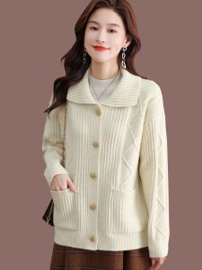 Spring Autumn Womens Knitted Sweater Coat Casual Loose Fit Collared Cashmere Outerwear Fashionable Large Size Cardigan