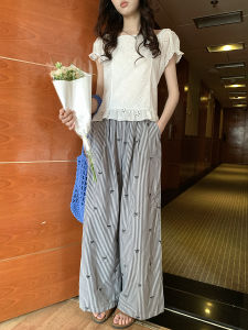 Quần Dài Thường Ngày Hollyii 2025 Mùa Hè Mới Cho Nữ Cạp Cao Quần Dài Kẻ Sọc Thắt Nơ Quần Dài Thẳng Phong Cách Hàn Quốc Quần Dài Thường Ngày