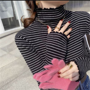 เสื้อเชิ้ตคอปกสูงครึ่งตัว แขนยาว ผ้าขนแกะ ทรงสลิมฟิต สำหรับผู้หญิง ฤดูใบไม้ร่วง/ฤดูหนาว เสื้อชั้นใน แขนยาว ปกโปโล ลายทาง อบอุ่น