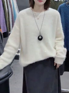 QINGNAER | Gentle Laid-back White Round-neck Soft Knitted Oversized Womens Sweater