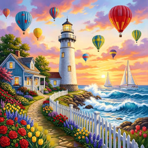 Huacan New Arrivals 5D DIY Diamond Painting Seaside Lighthouse Hot Air Balloon Diamond Mosaic Landscape Kit Gift