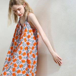 XEXZ | Sweet Floral Print Ice Silk Sensual Strap Sleepwear Soft Comfortable Casual Home Clothes Women Summer Outdoor Wearable Nightgown