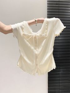 LUOSHAO | Áo Thun Giả Hai Mảnh Đính Ren Co Dây Siết Eo Giảm Béo