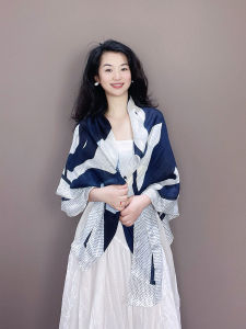 Blue Cotton Linen Shoulder Shawl Womens Summer Thin Style Simple Outerwear Neck Protection Sunscreen Scarf for Air Conditioned Room