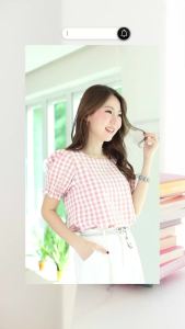 [สงกรานต์ส่งปกติ] MT3333 Square Neck Puff Sleeve Blouse - Gingham เสื้อคอเหลี่ยมลายตารางน่ารัก!