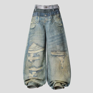 3D Printed Multi Waistband Ripped Jeans Loose Fit