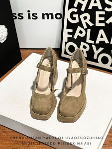 Khaki Waterproof Platform High Heels Womens Fashionable Retro Buckle Strap Thick Heel Velvet Surface Single Shoes for Daily Use