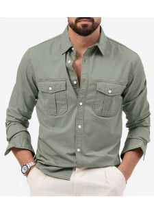 Spring/Summer European and American Mens Shirts with Multiple Pockets Casual Slim Fit Long sleeved Workwear Top