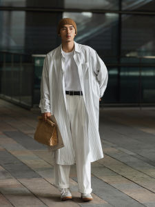 Noears Retro Striped Long Sleeve Mens Shirt Neutral Lazy Style Knee-Length Japanese Cityboy Trendy Cotton Workwear Autumn