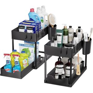 2-Tier Sliding Cabinet Basket Organizer with HooksMulti-Purpose Under Sink Organizers and Storage for Kitchen