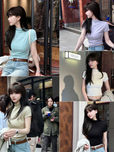 Kaka Womens Pure Color Spring T-Shirt Stand Collar Short Sleeve Versatile Casual Style Polyester Fiber Regular Length