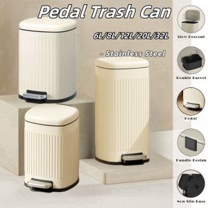6/8L/12L/20L/32L Stainless Steel Foot Pedal Trash Can with inner Barrels Retro European Style Household Pedal Refuse Bin Kitchen Waste Bin Foot-on Sorting Bins, Convenient Back Handle and Anti-Skid Base Ideal for Kitchen Bedroom and Bathroom