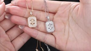 APIR Moissanite Square Pendant Necklace for Women S925 Silver Hypoallergenic Fleur-de-lis Necklaces Anniversary Jewelry Gift