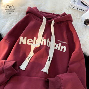 Wine Red Hooded Sweatshirt Mens Spring Vintage Fashion Style Heavy Weight Tops Fancy Loose Velvet Thickened