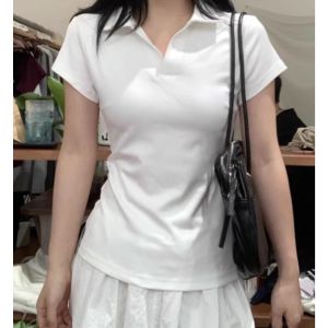 YUEZHONGWEI | Retro American Blue Short Sleeve T-Shirt Women Summer Design Slim Fit Short Style Commute Style Pure Color Moisture Wicking