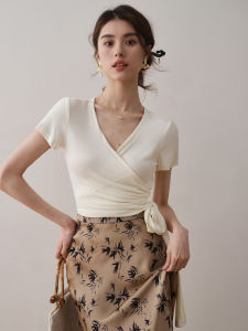 French Style Pure Color Cross Tie Short Sleeve T-Shirt Slimming Elegant Summer New Arrival Womens Fashion Top Quality Material