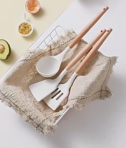 DAILYGO 6pcs White Silicone Kitchen Utensils Wooden Handle Slotted Non-Stick Food Grade Silicone Kitchen Utensils