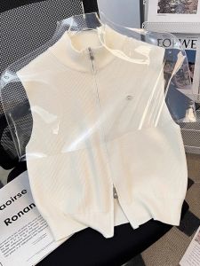 Spring Autumn Knitted Pure Color Cashmere Vest Cardigan Women Sleeveless Versatile Layered Sweater Jacket Tank Top Commute Style