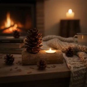 Khúc Gỗ Tự Nhiên Đặt Nến Tealight Kèm Thông – Decor Noel Ấm Áp (Tặng Kèm 3 Nến)