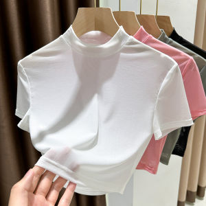 Áo Thun Lưới Tay Ngắn Màu Trắng Mùa Hè Mỏng Cổ Cao Bằng Lụa Băng Áo Thun Nữ Cổ Chữ V Mỏng Tay Ngắn Thoáng Khí Thoải Mái