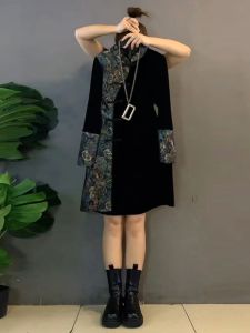 Fall Winter plus Size Midi Dress Button up Vintage Style Slimming Waist A-Line Skirt Long Sleeve Natural Waist Commute Artistic