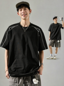 SZON | Áo Thun Nam Dáng Rộng Cotton Cổ Ngắn Phong Cách Đường Phố Mỹ
