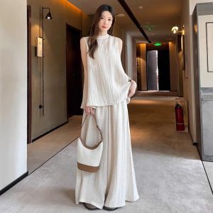 Linen Casual Loose Womens Set Sleeveless Vest Wide Leg Pants Conceal Belly Hide Fat Two-Piece Summer Elegant Style Fashion Set