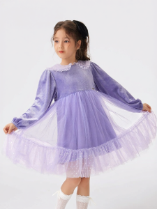Girls Long Sleeve Mesh Spliced Dress Spring