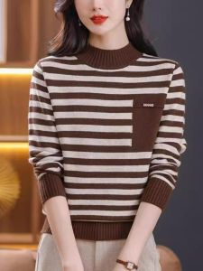 Autumn Winter Womens Loose Fit Striped Knit Sweater Half High Collar Base Layer Top Slimming Color Block Inner Wear Tunic