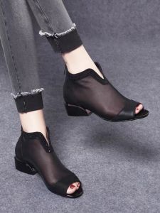 Leather Fish Mouth Sandals Womens Summer New Comfortable Roman Boots Breathable Low Heel Thick Heel Mesh Single Shoes