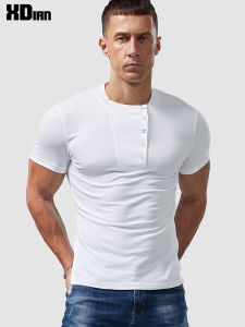 Henry Collar T-shirt Mens Short Sleeve Close-Fitting and Slim-Fitting Summer Pure Cotton Retro Henley Shirt Bottoming Shirt with Buckle T-shirt Top
