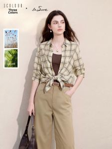 3COLOUR·S | Summer New Linen Rayon Gingham Shirt Womens Commute