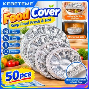 (Manila Ship) KEBETEME 50pcs Aluminum Foil Insulation Cover Reusable Elastic Food Wrap Heat Resistant Bowl Plate Lid For Kitchen Microwave Oven Picnic Takeaway