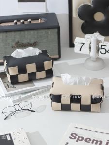 VINS HOME Nordic Style Checkered Leather Tissue Box Woven Design for Living Room Coffee Table Dining Table Desktop Organizer