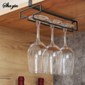 Non perforated inverted iron hanging high footed red wine cup holder home bar hanging glass storage rack glass organizer