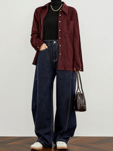 plus Size Deep Blue Knife Edge Denim Jeans Womens High Waist Slim Wide Leg Pants Miniature Floor Length Bootcut Trousers