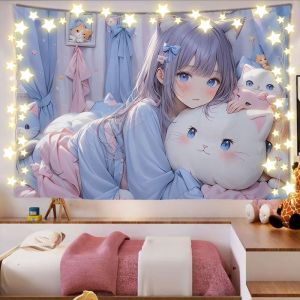 VIKAMA Purple Hair Cat Ear Girl Cat Tapestry Japanese anime Window Laurie Anime Background Cloth Warm Tapestry Room Decoration