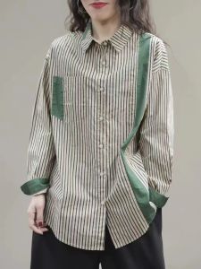 เสื้อเชิ้ตผู้หญิงลายทางฤดูใบไม้ร่วง 2025 ทรงหลวม แขนยาว ปกเรียบ เสื้อเชิ้ตแฟชั่นลำลองสำหรับผู้หญิง