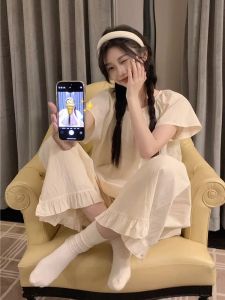 Japanese Style Ins Minimalist Sweet Young Adult Pure Color Comfort round Neck Pure Cotton Pajamas Womens Summer Short Sleeve Trousers Homewear