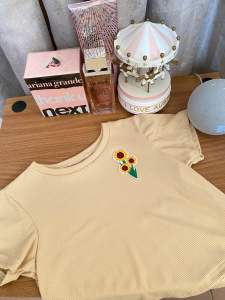 Beige Crop top for 1-7 years old girl with embroidered sunflower add up if not petite