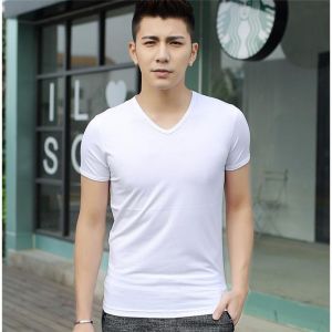 Summer Short Sleeve T-Shirt Mens Slim Fit V-Neck Pure Color Black Sporty Half Sleeve Trendy Base Shirt Polyester Fiber
