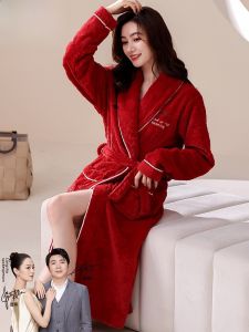 Langsha Womens Sleepwear Coral Fleece Lined Thickened Winter Robe Mid-Length Home Clothes Floral Pattern Embroidered Polyester Fiber