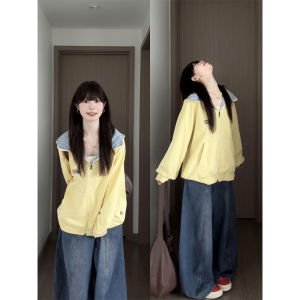 XIANGBAIWEI | Laid-back Chic Yellow Checked Dachshund Embroidered Sweatshirt Outerwear