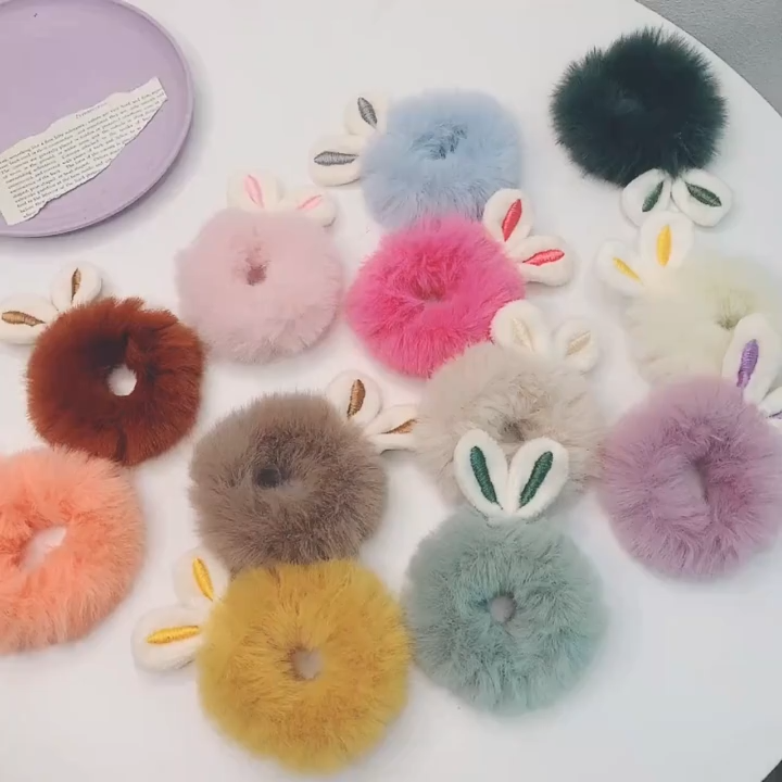 Rabbit Ears Plush Hair Rope 🎀 兔耳朵毛绒发圈 Getah Rambut Bulu Comel Aksesori ...