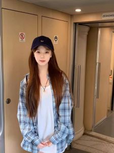 Blue Loose Long Sleeve Shirt Womens Casual Style Plaid Patterned UV Protection Outerwear Vintage American Style Versatile Top