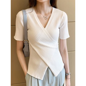 High-end V-neck Asymmetrical Ice Silk Knit Short Sleeve