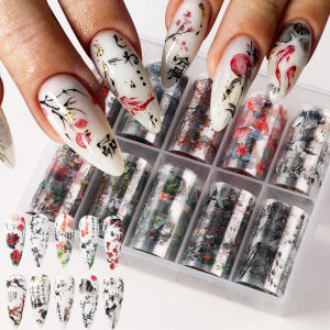 10 Rolls Chinese Style Ink Wash Painting Nail Foil Transfer Sticker Bamboo Cranes Goldfish Plum Blossoms Lotus Nail Decor
