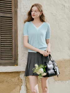 XIANGYING | V-neck Knit Short Sleeve T-shirt Female
