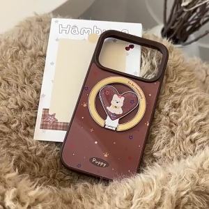 Potdemiel | Korean Stars Fold Love Heart Cartoon Puppy Magnetic Holder Phone Case For iPhone 17 16 15 14 13 12 Pro Max Shockproof Hard Cover